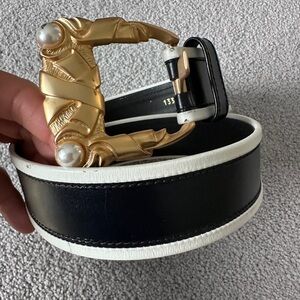 Escada Gold Square Buckle Pearl White Dark Blue/black Leather Belt 38